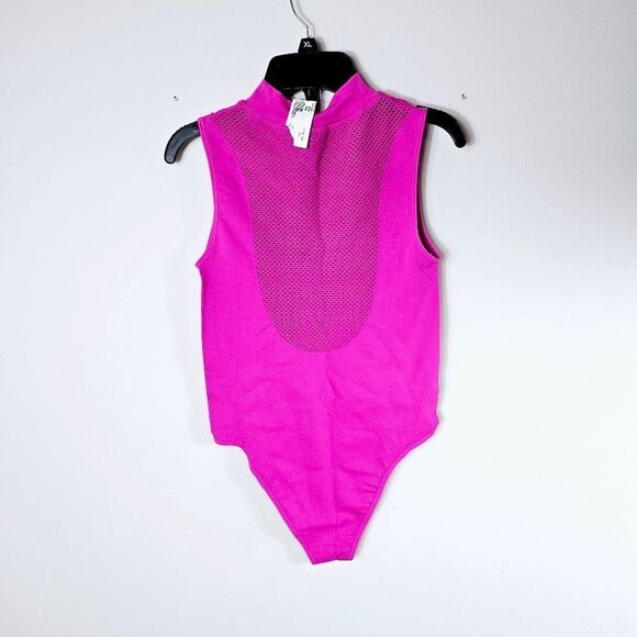 Nylon Mesh Cutout Bodysuit Mockneck  Top FUCHSIA Pink NWT Size S/M and M/L - Picture 5 of 10